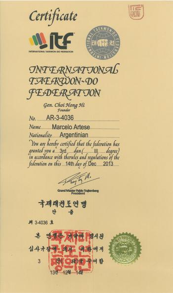 Diploma de 3er Dan otorgado por la I.T.F.
